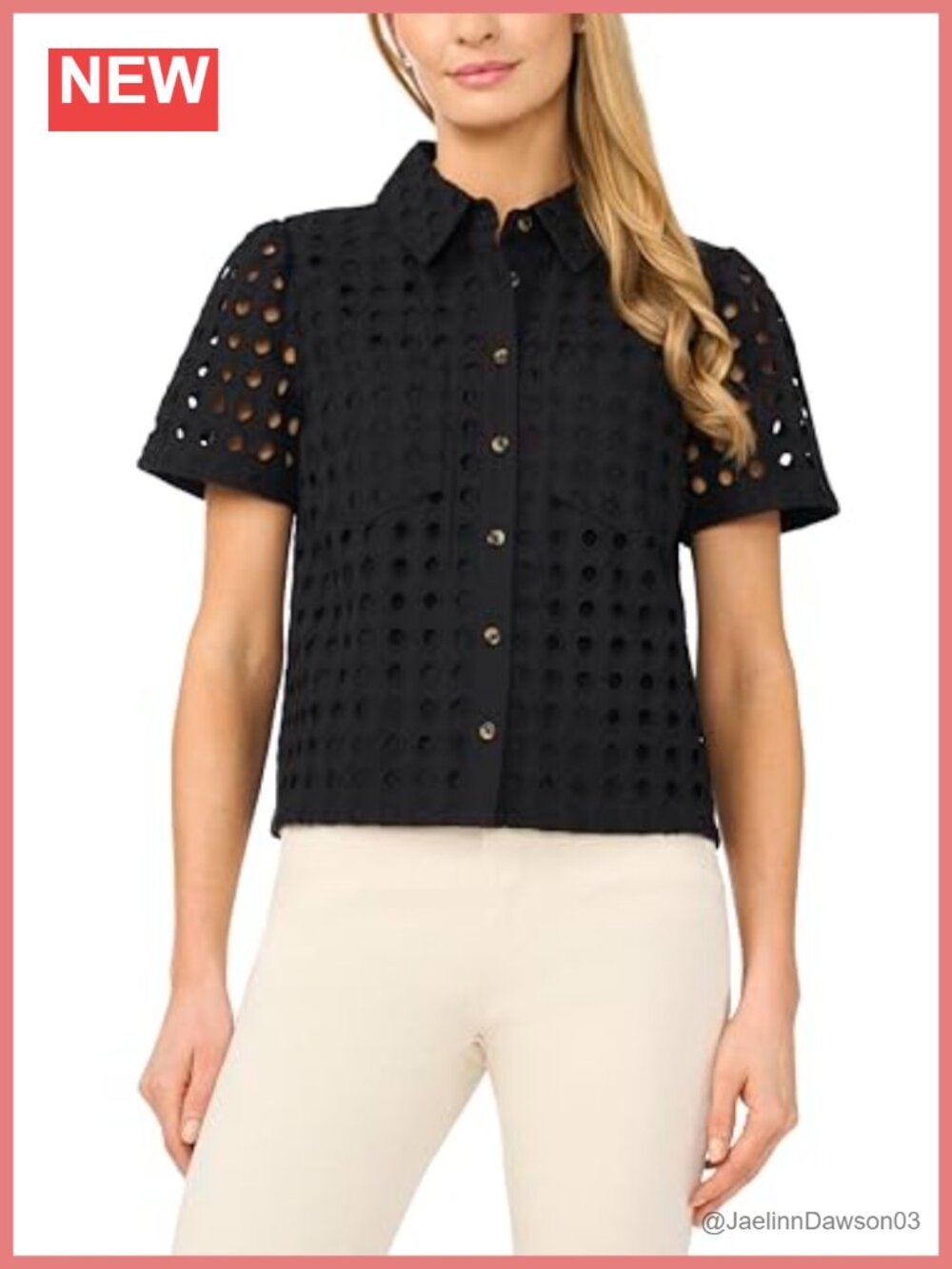 Eyelet Button Down Short Sleeve Blouse